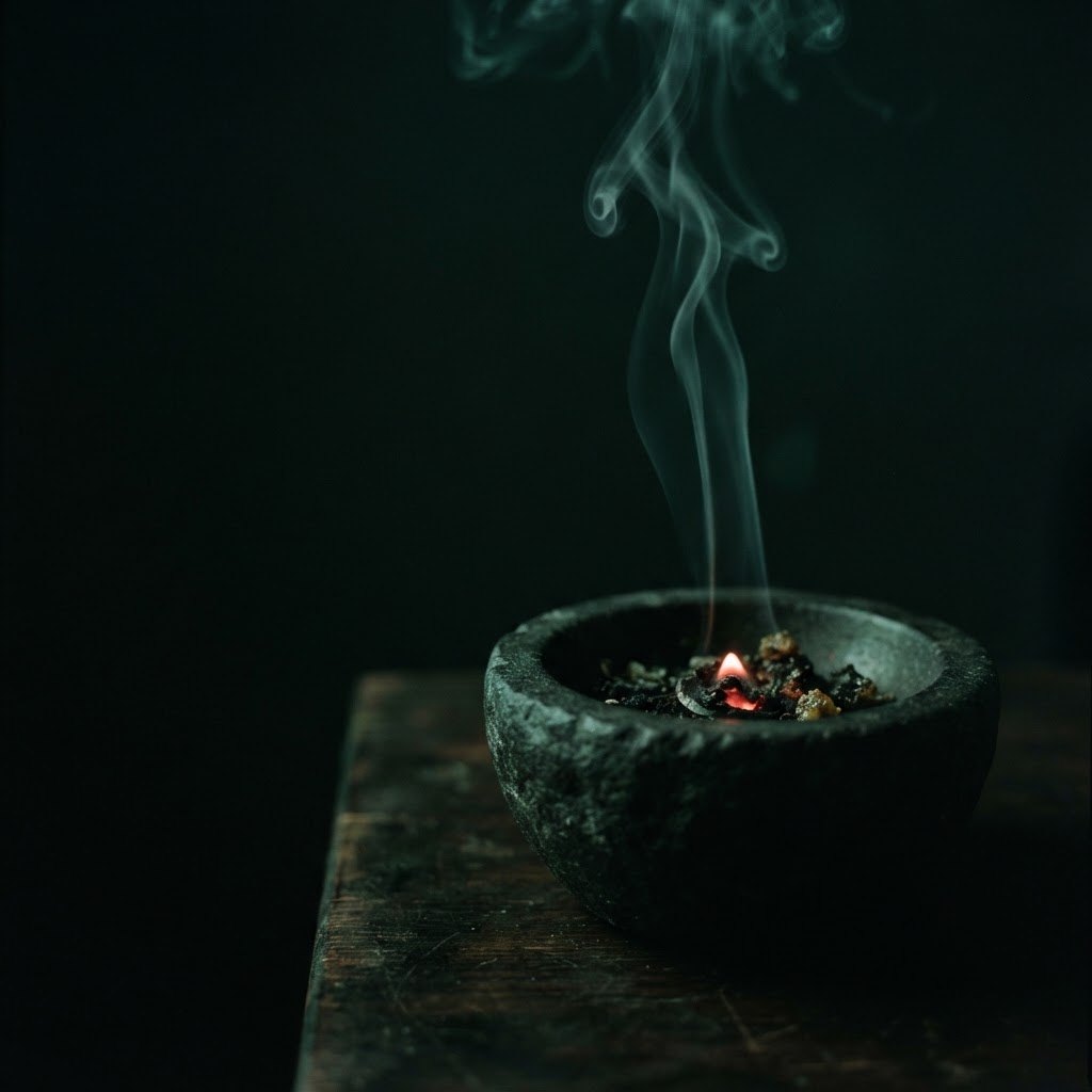 A single low flame in a stone bowl, jade smoke